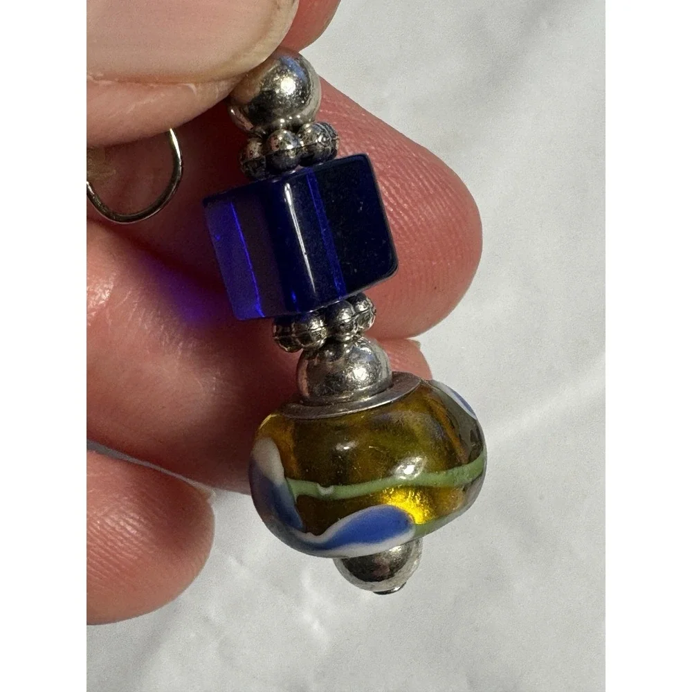 Artisan Lampwork Glass Drop Earrings Blue Gold Swirl Cube Bead Boho Dangle 2 In